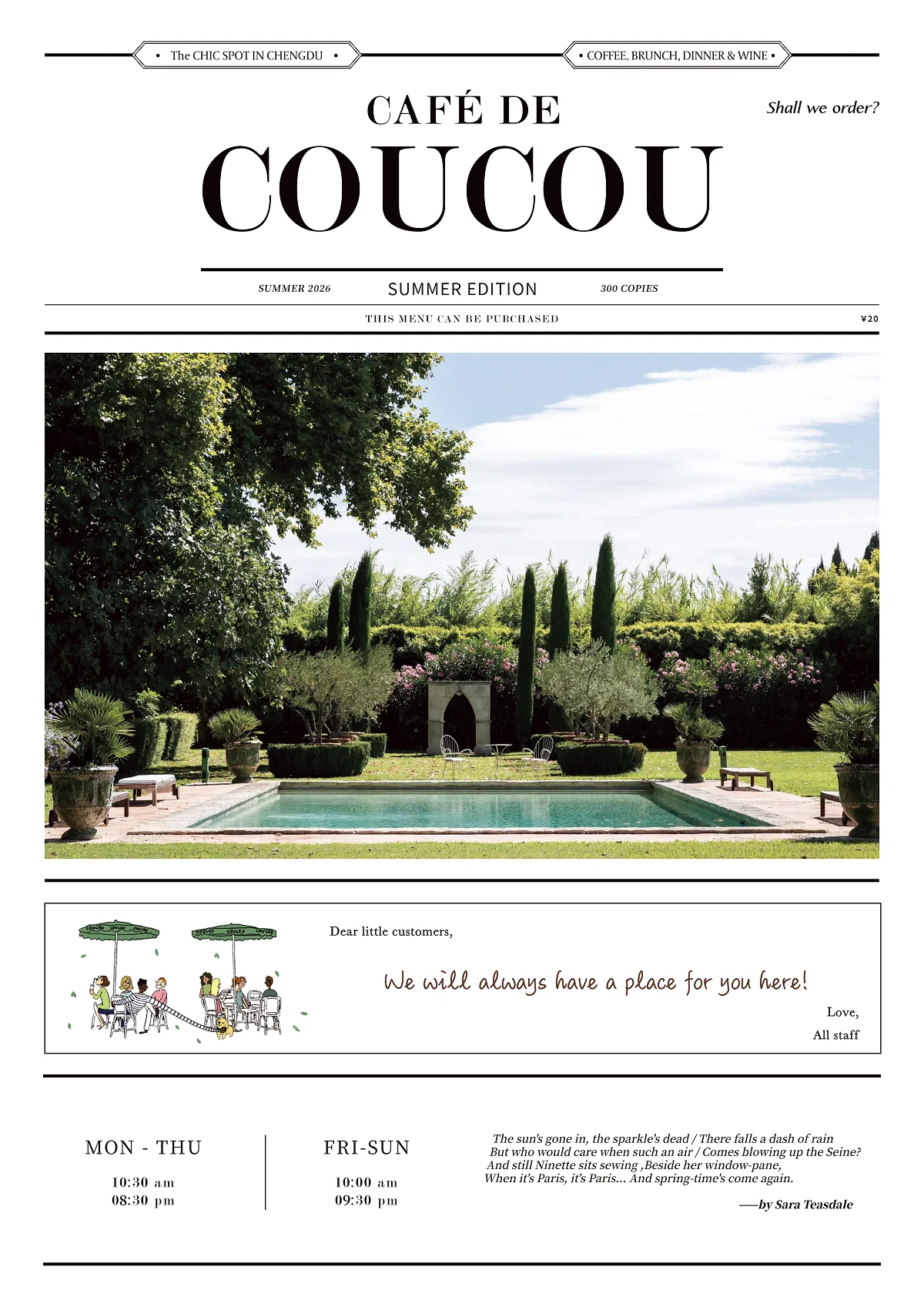 Café de Coucou Summer 2026 menu page 1